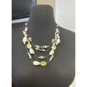 Chicos Multi Layer Beaded Necklace Shades of White Silver